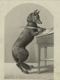 Fox writing with a quill pen, from the NPYL archive
